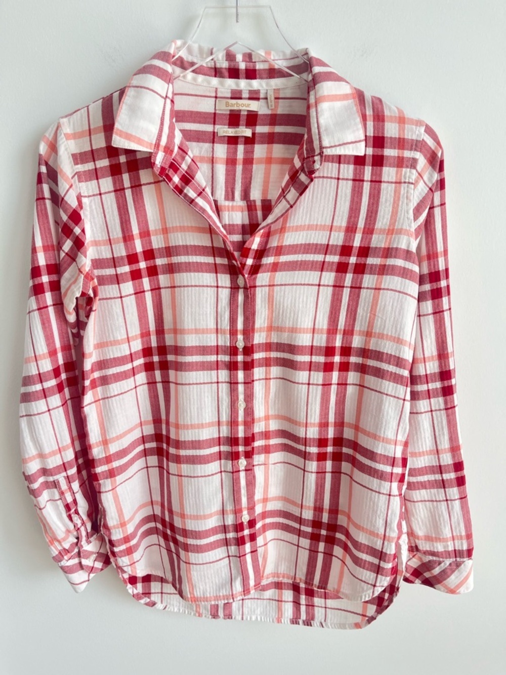 Barbour Shoreline Relaxed Fit Red Plaid Shirt Cotton Blend Button Front Small - Picture 2 of 7